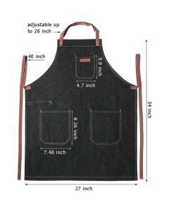 Denim Chef Apron with Pockets, Mens Womens Professional Kitchen Bib Black Apron for Cooking Grill BBQ Server, with Towel Loop and Adjustable Neck Straps
