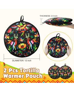 2 Pcs 12 Inch Tortilla Warmer, Tortilla Warmer Pouch for Tortillas, Tacos, Pizza Rolls, Insulated & Microwaveable Fabric Pouch Keeps Warm, Colorful Bird (Black)