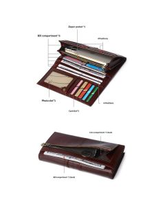 Womens Leather Wallets Handmade Ladies Clutch Wallet Organizer Card Holder, Long Ladies Wallet Womens Wallet with Pocket ID Window,Coffee
