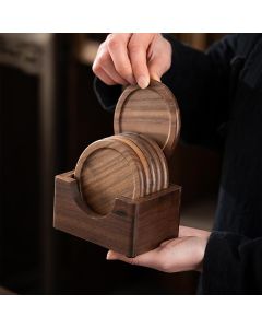 Coasters for Drinks Coffee Table Walnut Drink Coasters Set 6 PCS Wood Cup Coasters 3.5 Inch Non-Slip Round Wooden Coffee Mats with Holder for Bar Party