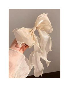2 pack Vintage Long Silk Bow Hair Clip Barrette Ribbon Mesh Bow Head Clip Headwear Bowknot Accessories for Women (beige)