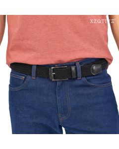 Unisex stretch black woven canvas belt with pin buckle, suitable for jeans, casual pants, shorts and casual wear.