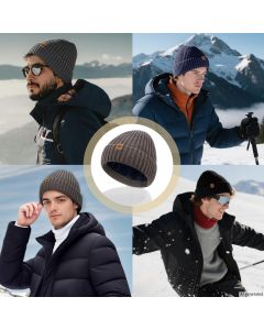 Unisex black warm knitted winter hat, fleece lining, soft and warm, ski hat, narrow brim, suitable for cold weather.