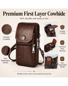 Coffee genuine Leather Men’s Crossbody Waist Bag, Multifunctional Belt Pouch, Portable Outdoor Phone & ID Card Holder, Casual Fanny Pack for Daily‑use