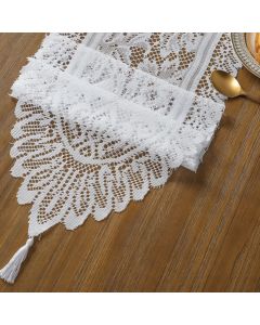 Lace Tassel Table Runner 33x91cm, White, Elegant Dining Table Decor For Daily Home