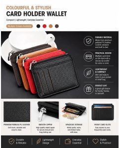 Red Vertical Mini Lychee Grain Card Case Slim Zipper Card Holder Portable Coin Purse
