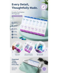 Portable Press 14 Compartment Pill Box Double Row Weekly Medicine Organiser 1Pc