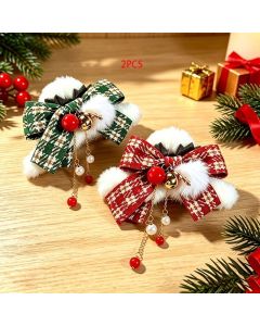 2PCS Christmas Plush Bow Faux Pearl Tassel Claw Clip, Women's Elegant & Sweet Updo Shark Clip, Versatile Christmas Hair Accessory Gift