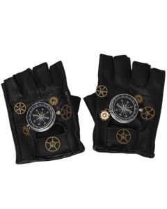 Steampunk Compass Half - Finger Gloves: Pure Sheepskin with Gear Decor, Retro Mechanical Style, Flexible & Versatile。golden