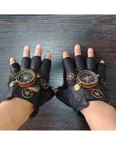 Steampunk Compass Half - Finger Gloves: Pure Sheepskin with Gear Decor, Retro Mechanical Style, Flexible & Versatile。silver