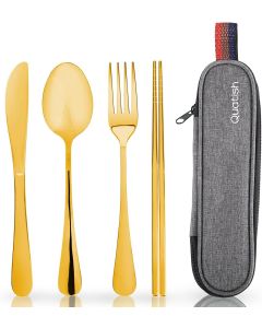 4 Pcs Travel Utensils with Case, Portable Stainless Steel Reusable Silverware Set with Fork Spoon Knife Chopsticks for Camping Picnic Work, Black