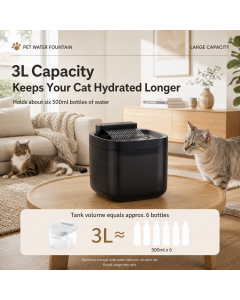 White Cat Water Fountain 3L, Wired Pet Water Dispenser for Cats & Small Dogs, Waterfall-Style Quiet Drinking Fountain with Filter, Easy-Clean ABS+PP Bowl, 5V 1A