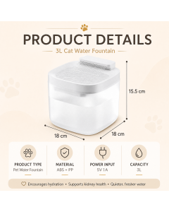  Black Cat Water Fountain 3L, Wired Pet Water Dispenser for Cats & Small Dogs, Waterfall-Style Quiet Drinking Fountain with Filter, Easy-Clean ABS+PP Bowl, 5V 1A
