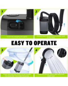 Portable Camping Shower, 6000mAh Rechargeable Shower Pump with Smart LED Temperature Display, 4 Spray Modes IPX7 Waterproof Outdoor Shower for Hiking, Travel, Car Washing & Pet Bathing, Black