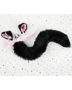House Of Dasein Black White Cute Kitten Ears Faux Fox Tail Ana Butt Plug Cosplay Bdsm - Black - L - Hairpin