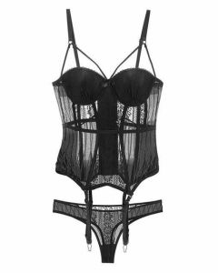 House Of Dasein Black High Elasticity Corset Bustier Cup Garter Set With Straps Lingerie - Black - M