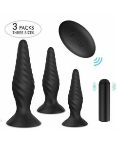 House Of Dasein Black Silicone Butt Plug Set Wireless Vibrator Anal Training Bdsm - Style 2 - Ridged