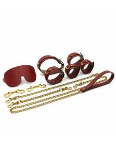 House Of Dasein Bdsm Bondage Starter Kit Restraints Blindfold Collar Leash Cuffs - Red And Gold