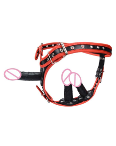 House Of Dasein Big Fantasy Harness Triple Dildos Pegging Kit Red Black Strapon - Red