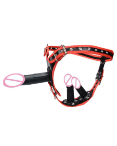 House Of Dasein Big Fantasy Harness Triple Dildos Pegging Kit Red Black Strapon - Red - Big