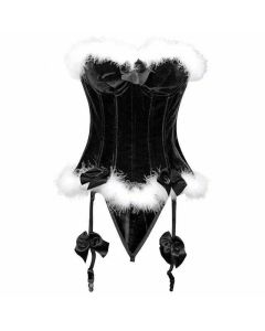 House Of Dasein Luxurious Red Velvet Christmas White Faux Fur Trim Over Bust Corset - Black - Xxxl