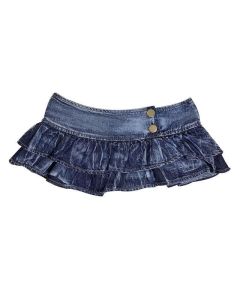 House Of Dasein Pleated Ruffles Super Mini Low Waist Denim Skirt Women - Blue - M