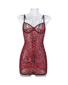 House Of Dasein Leopard Print Sexy Bodycon Sheer Strapless Dress With Back Cross Tie Lingerie - Red Leopard Print - M