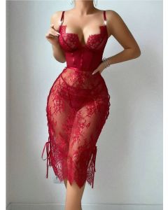 House Of Dasein Lace Hollow Out Red Sexy Chest Exposing Bodycon Lingerie Dress - Wine Red - M