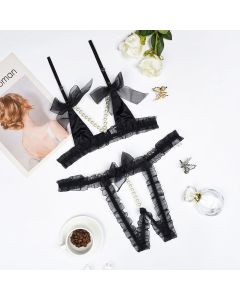 House Of Dasein Lace Patchwork Pearl Chain Lingerie Set - Black - M