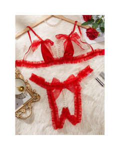 House Of Dasein Lace Patchwork Pearl Chain Lingerie Set - Red - L