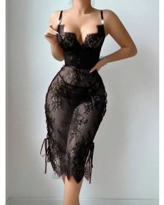 House Of Dasein Lace Hollow Out Red Sexy Chest Exposing Bodycon Lingerie Dress - Black - L