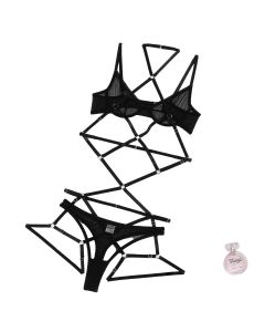 House Of Dasein Sexy Mesh See Through Hollow Out Strap Hanging Neck Three Piece Lingerie Set - Black - S
