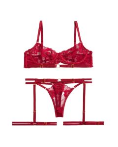 House Of Dasein Style Sexy Underwire Gathered French Lace Embroidered Tie Strap Pure Desire Hollow Out Four Piece Set Lingerie Suit - Red - S