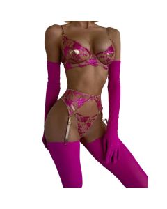 House Of Dasein Dnika Classic Complex Craft Lingerie Set Sexy Transparent Push Up Bra And Garter Belt - Rose Red - S