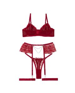 House Of Dasein Sexy Separated Lace Embroidery Sheer Mesh With Leg Ring Erotic Underwear Five Piece Set - Red - M