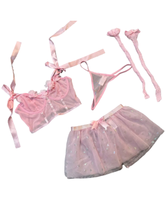 House Of Dasein Sexy 3D Flower Bow Tie Sequin Mesh Skirt Lingerie Set - Pink - M