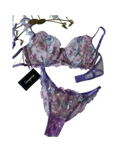 House Of Dasein Dnika Two Piece Mesh Embroidered Lingerie Set Purple Flower Gathered Bra Transparent Suit - L
