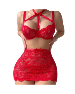 House Of Dasein Floral Lace Bow Halter Strapless With Net Stockings Lingerie Set - Red - S