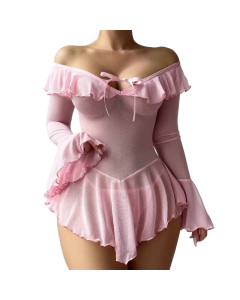 House Of Dasein Sexy Transparent Mesh Pure Desire One-Shoulder Dress Seductive Erotic Uniform Underwear - Pink - L