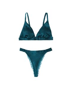 House Of Dasein French Style Ultra Thin Solid Color Lace Underwear Triangle Cup Wire Free Bra Erotic Two Piece Set - Peacock Green - M