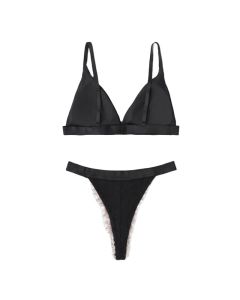 House Of Dasein French Style Ultra Thin Solid Color Lace Underwear Triangle Cup Wire Free Bra Erotic Two Piece Set - Black - L