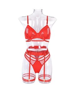 House Of Dasein Spring And Summer Fashion Lace Complex Craft Gathered Hollow Out Mesh Sexy Lingerie Four Piece Set For Women - Red - S