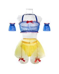 House Of Dasein Sexy Lingerie Sheer Mesh Temptation Maid Costume Five Piece Set With Stockings - Blue + Stockings - L