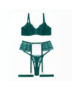 House Of Dasein Sexy Separated Lace Embroidery Sheer Mesh With Leg Ring Erotic Underwear Five Piece Set - Green - Xl