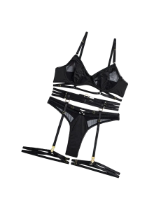 House Of Dasein Spring And Summer Fashion Lace Complex Craft Gathered Hollow Out Mesh Sexy Lingerie Four Piece Set For Women - Black - S