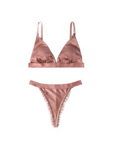 House Of Dasein French Style Ultra Thin Solid Color Lace Underwear Triangle Cup Wire Free Bra Erotic Two Piece Set - Rose Gold - S