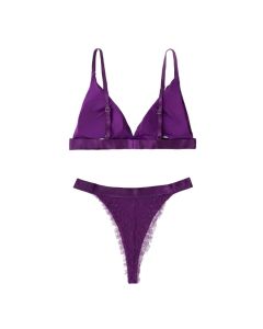 House Of Dasein French Style Ultra Thin Solid Color Lace Underwear Triangle Cup Wire Free Bra Erotic Two Piece Set - Purple - S