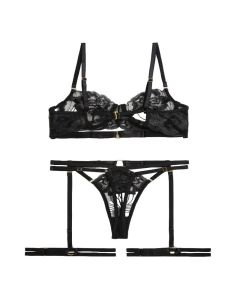 House Of Dasein Style Sexy Underwire Gathered French Lace Embroidered Tie Strap Pure Desire Hollow Out Four Piece Set Lingerie Suit - Black - L