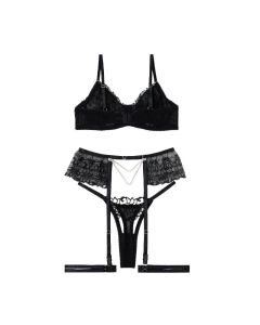 House Of Dasein Sexy Separated Lace Embroidery Sheer Mesh With Leg Ring Erotic Underwear Five Piece Set - Black - S