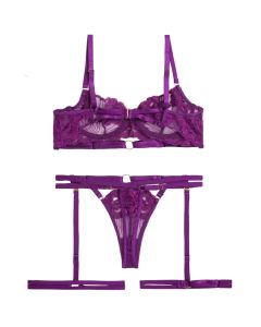 House Of Dasein Style Sexy Underwire Gathered French Lace Embroidered Tie Strap Pure Desire Hollow Out Four Piece Set Lingerie Suit - Purple - M